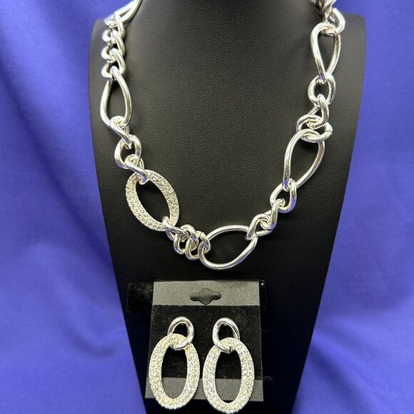 SAQ Set: Silver-Tone Chain Link w/ Crystal Choker Necklace & Post Dangle Earring - Picture 6 of 13